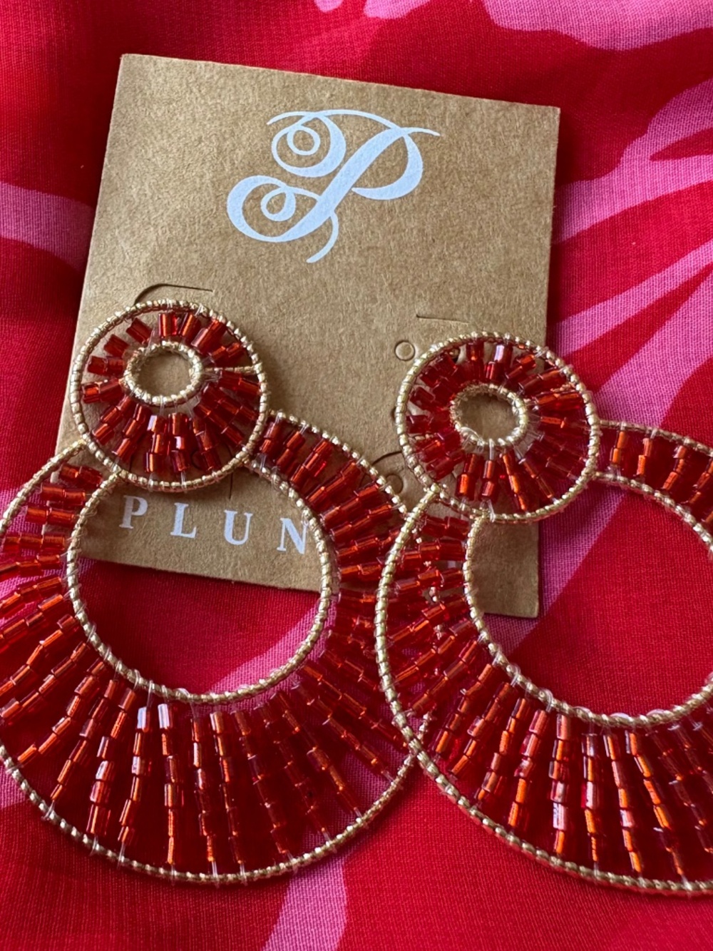 New Red Beaded Hoop Earrings in Gold Tone by Plunder Design